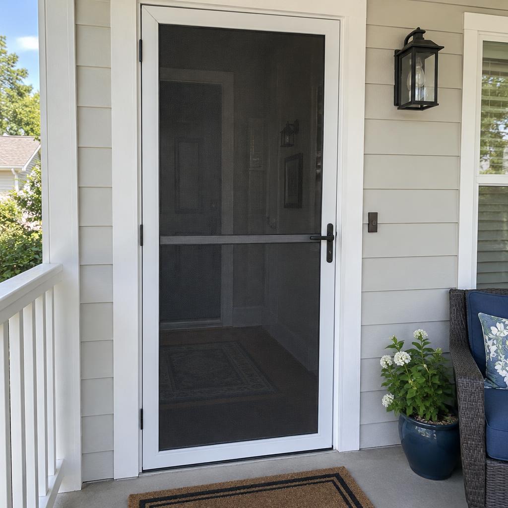 Screen door after rescreening with tight new mesh and a straight clean frame