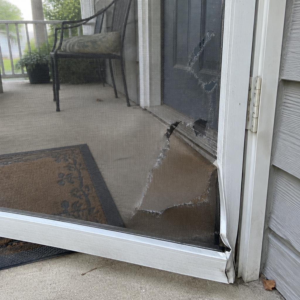 Screen door before repair with torn mesh and a bent frame corner