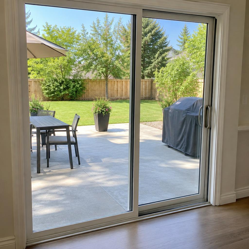 Sliding glass patio door after repair with clear new glass and a clean smooth track