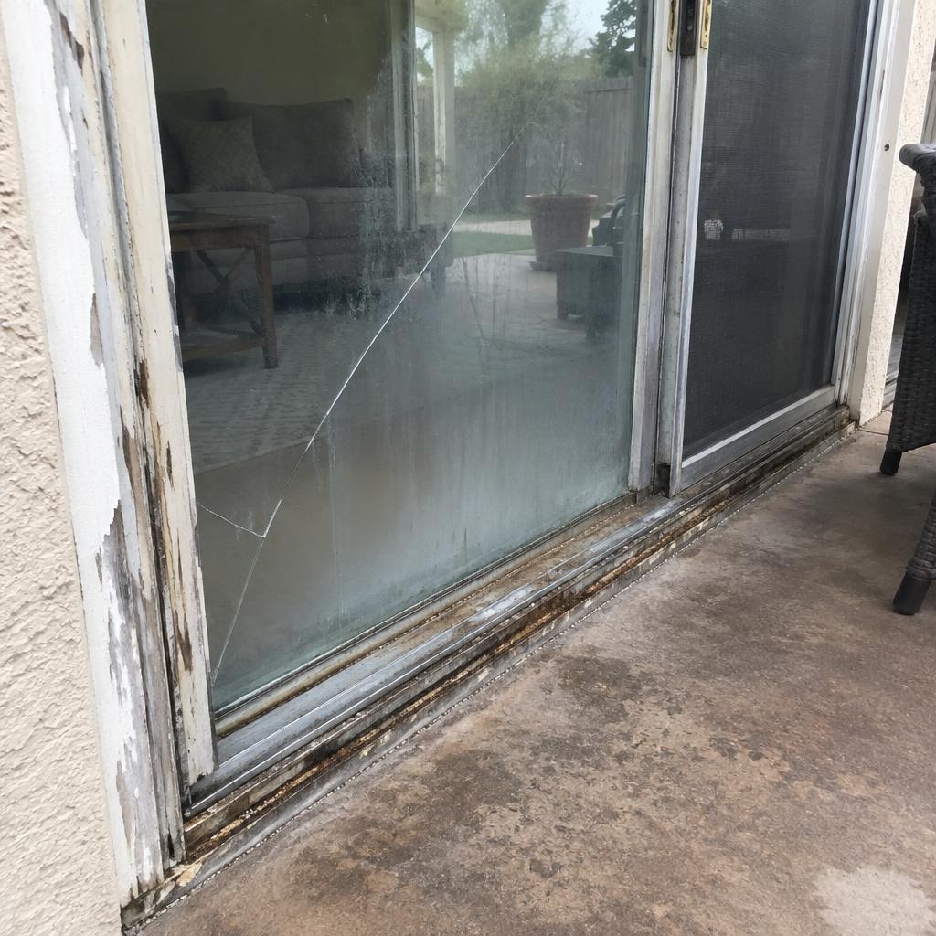 Sliding glass patio door before repair with cracked foggy glass and a corroded track
