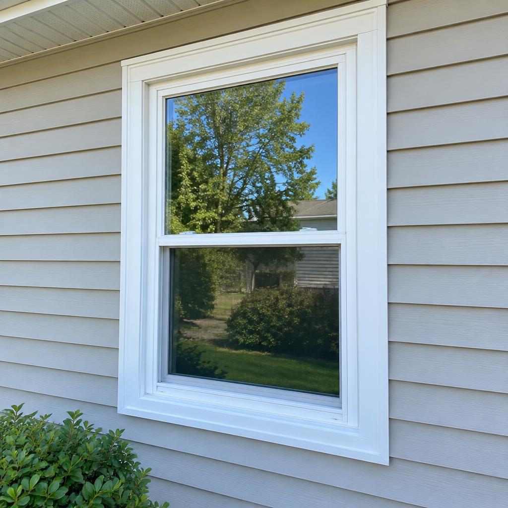 Double-hung window after glass replacement with clear new glass and a clean frame