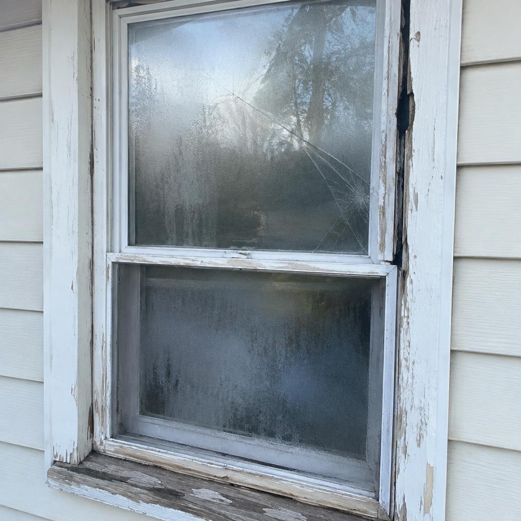 Double-hung window before repair with cracked foggy glass and a worn frame